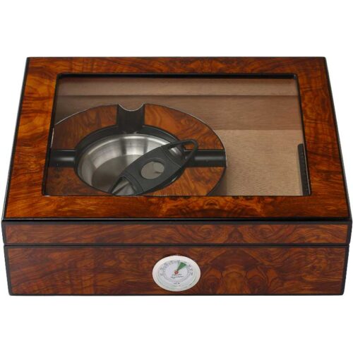 Mooie humidor met glas van wortelhout voorzien van een sigarenasbak en sigarenknipper