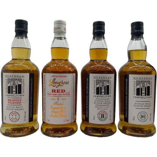 Longrow heavily peated, Longrow 7 Years pinot noir, kilkerran 8y en 16y set van 4 flessen 70cl